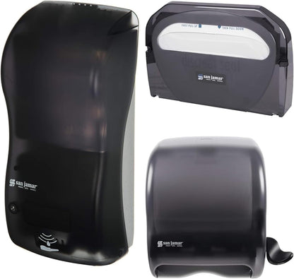 San Jamar Classic Black Pearl Set – Hybrid Soap & Sanitizer Dispenser (900 ml), Toilet Seat Cover Dispenser, and Commercial Paper Towel Roll Dispenser for Bathrooms