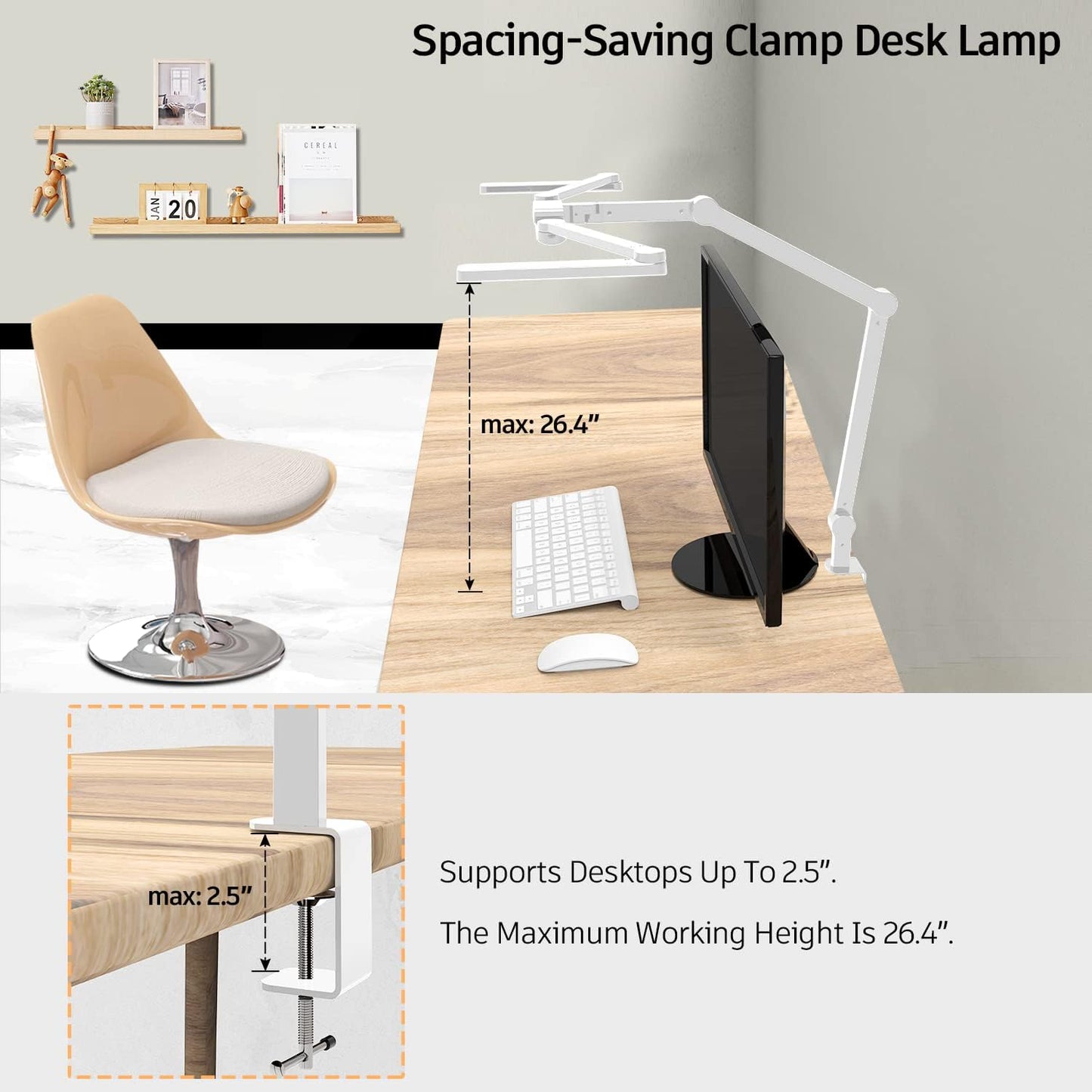 LED Desk Lamp for Home Office, 41.5" White Clip on Architect Desk Lamp with Clamp, 24W Adjustable Dimmable Bright Swing Arm Eye Care LED Table Light Clamp on Office Lighting
