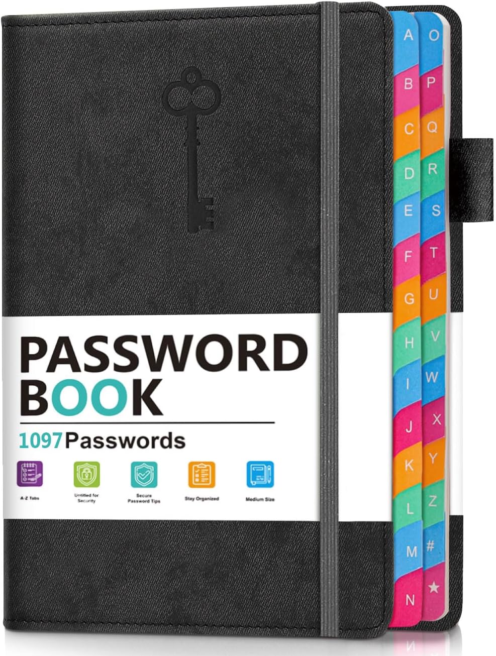 Password Keeper Book with Colorful Alphabetical Tabs, Hardcover Password Log-book for Internet Password and Website Address, 5.8"×8.4" Password Notebook for Home Office (Black)