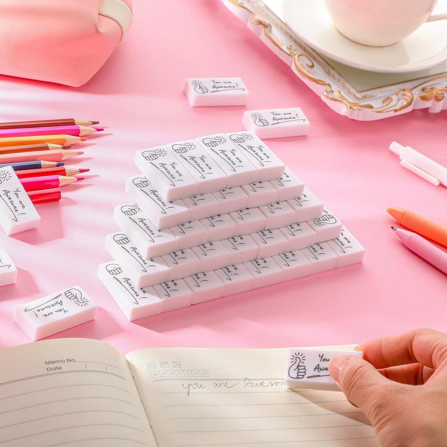 Fuutreo 50 Pcs Welcome Back to School Gifts for Students Inspirational Pencil Erasers Bulk You are Awesome White Cute Fun Erasers First Day of School Gifts Classroom Prizes from Teachers