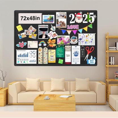 Large Bulletin Board, Foldable 72x48 Inches Cork Board Alternative, Large Felt Board Decorative Pin Board for Wall, Foldable Photo Board Self-Adhesive Vision Board with 36 Pushpins Black