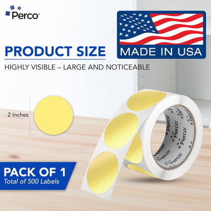 Perco Gold 2-Inch Round Circle Dot Sticker Labels with Permanent Adhesive for Wedding Invitations - 500 Labels per Roll - Vibrant Colors, Strong Adhesion - Made in USA