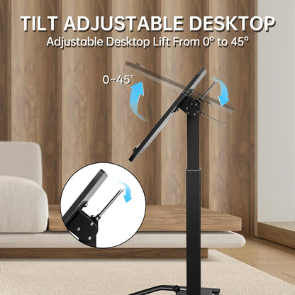 Mobile Standing Desk with 45° Tilting Desktop, Portable Rolling Standing, Height Adjustable Sit Stand Foldable with Wheels, Mobile Desk Workstation for Home Office (Black, Small)