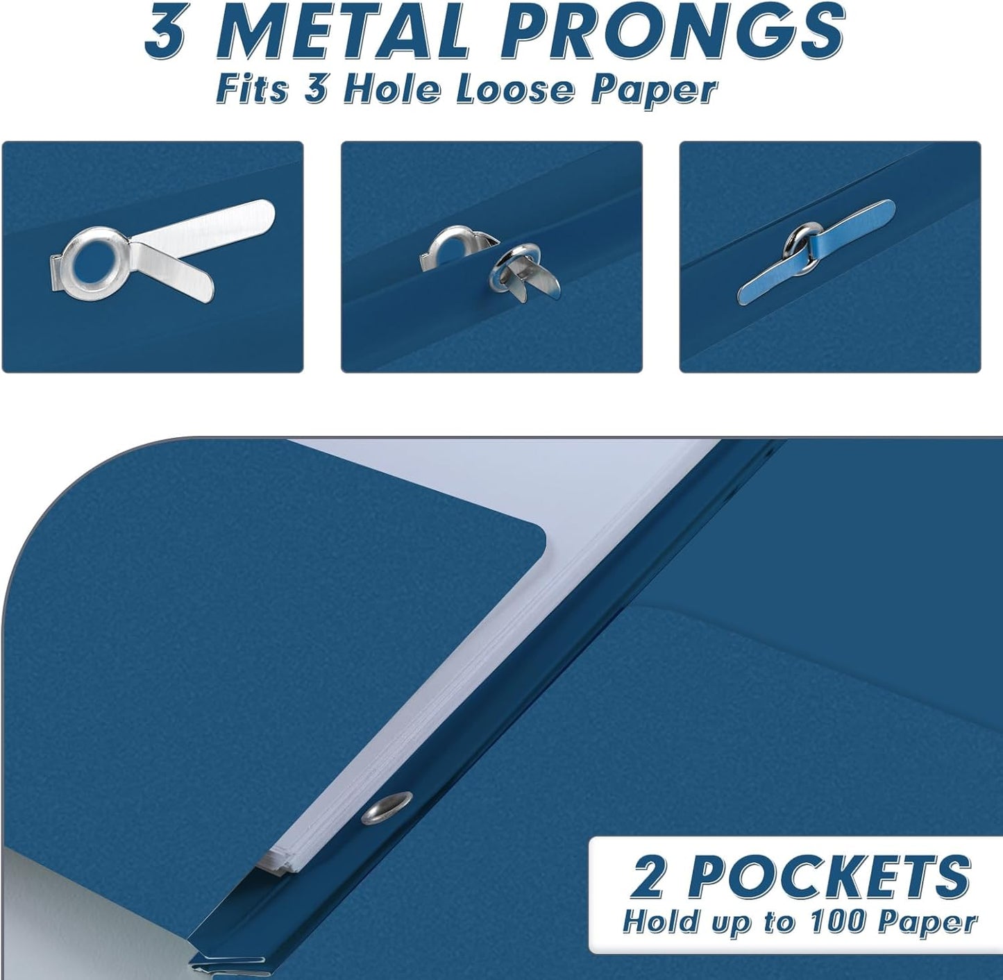 Two Pocket Folders, PANDRI 30 Pack Two Pocket Folders with Prongs, 3 Prong Folders Designed for Office and Classroom, Letter Size Darkblue