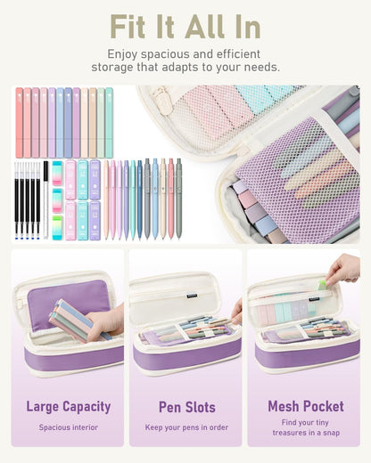 Four Candies 39 PCS Aesthetic School Supplies with Cute Pen Case, 12 Pastel Highlighters, 5 Black Ink Gel Pens, 6 Mechanical Pencils Set 0.5 & 0.7mm for Students Stationary College Essentials (Purple)
