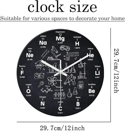 XNM Black Chemical Clock for Classroom Glass Analog Small Science Wall Clocks Battery Operated 12 Inch Round Silent Wall Clock Modern