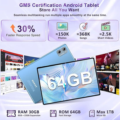 10 Inch Tablet Android 15 Tablets with Keyboard, 30GB 64GB 1TB Expand Tab PC with 2.0GHz Octa-Core, 8MP Camera, 6000mAh, GMS, WiFi 6, BT 5.0, FHD Display, Widevine L1, Gemini AI (Blue)