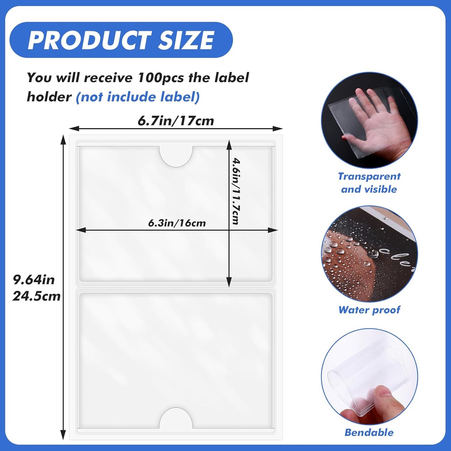 Circloophs 100 Packs Self Adhesive Index Card Pockets for 4”x 6” Card, Adhesive Label Holders with Top Open – 4.6”x 6.3” Clear Adhesive Label Pockets for Storage Bins, Locker, Shelves, Library, Office