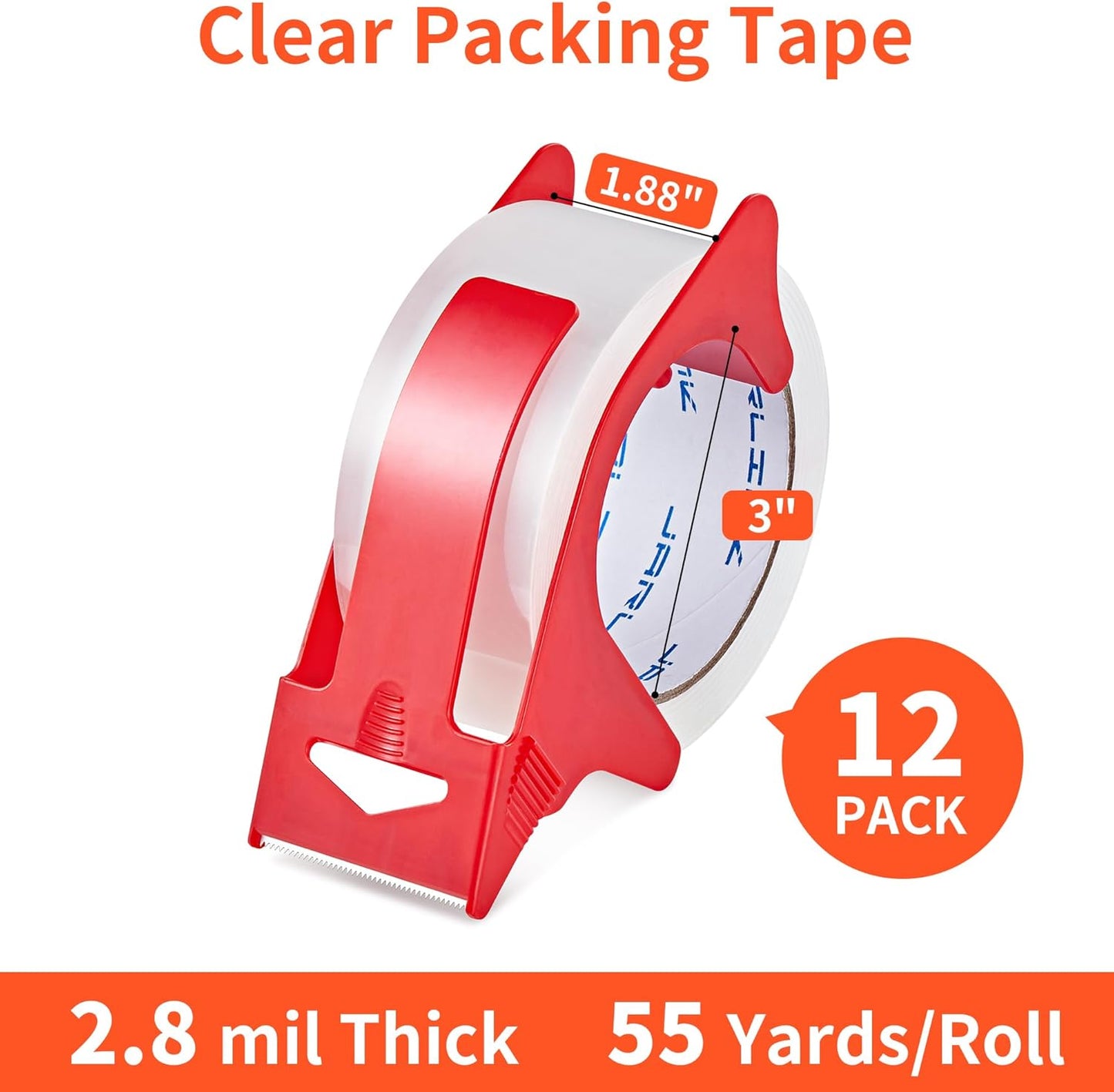 JARLINK 12 Rolls Clear Packing Tape with 2 Dispensers, Heavy Duty Packaging Tape Refills for Shipping Packaging Mailing, 2.8mil Thicker, 1.88 inches Wide, 55 Yards Per Roll, 660 Total Yards