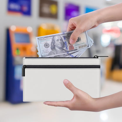 HAUTOCO 2 Pack Money Bag with Zipper 11x6.1 inch Money Pouch with Lined PU Leather Bank Bag Two Pockets Utility Wallet for Cash Check Receipt Coins Cosmetics, White