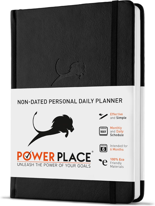 Daily Planner, Calendar & Life Organizer to Improve Time-Management, Productivity & Happiness | Vegan Leather Hardcover Notebook with Blank Dates, Undated 6 Months Hourly Planner for Men & Women, 24 Hour Agenda (Black)