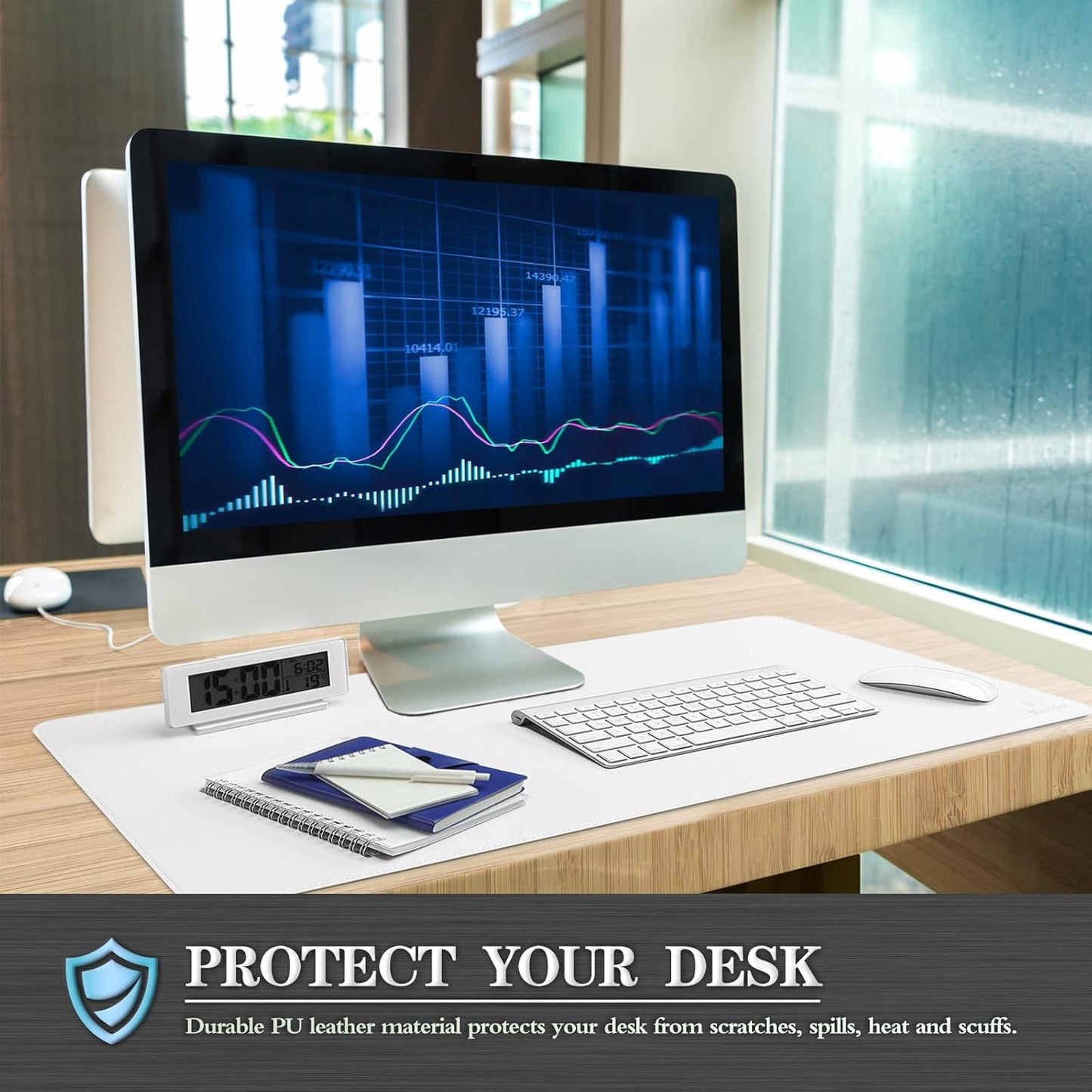 K KNODEL Desk Mat, Blotter, Dual-Sided Office Desk Pad, Waterproof Desk Mat for Desktop, Desk Blotters, PVC Leather Pad Protector (White, 35.4" x 17")