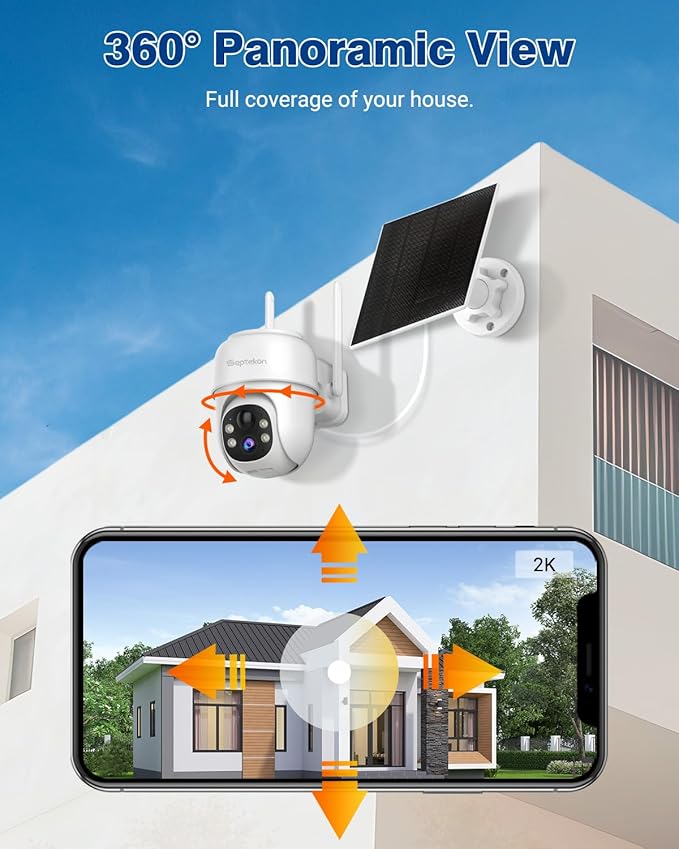 Septekon 360°PTZ Security Cameras Wireless Outdoor 2 Pack, 2K Solar Battery Powered Cameras, 2.4G WiFi Camera with Spotlight, Motion Detection, Siren, Color Night Vision, IP66, White