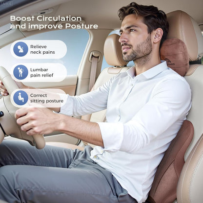 Coverado Car Lumbar Support Pillow and Car Neck Pillow Kit, Ergonomic Design Car Headrest Pillow for Driving, Relax Back Head Muscles Relieve Driving Fatigue, Breathable & Removable Cover, Coffee