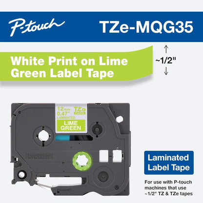 Brother Genuine P-Touch TZE-MQG35 Tape, 1/2" (0.47") Laminated White on Lime Green Water-Resistant 0.47" x 16.4 ft (24mm x 8mm), Single-Pack