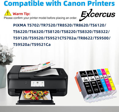 Compatible Ink Cartridge Replacement for Canon PGI-280 XXL CLI 281 Compatible with Canon Pixma TR7520 TR8520 TS6120 TS6220 TS6320 TS8120 TS8220 TS9120 TS9520 TS9521C (2PGBK & BK/C/M/Y 6 PK)