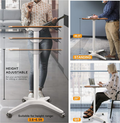 47" Mobile Standing Desk(26" W*19.3" D), Adjustable Height Laptop Desk, Pneumatic Desk with Gas Spring Riser, Podium for Home, Office，Classroom，Medical, (29" to 46.9" H) (Walnut)