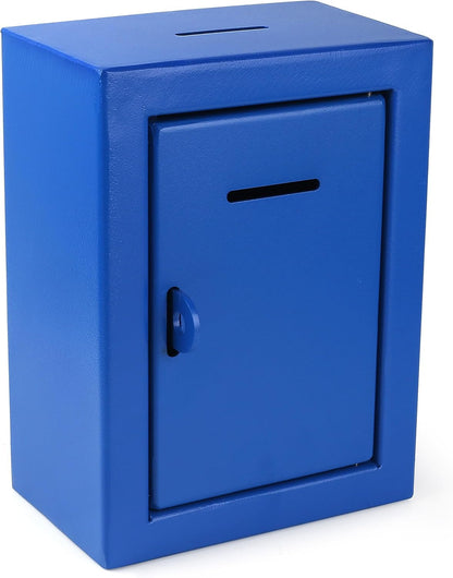 Metal Donation Box Charity Steel Collection ballot Box Office Suggestion Box Secure Box With Front and top Slot Easy Wall Mount with pre drilled holes 8.5x6.5x4" Drop Box for Home and Office(Blue)