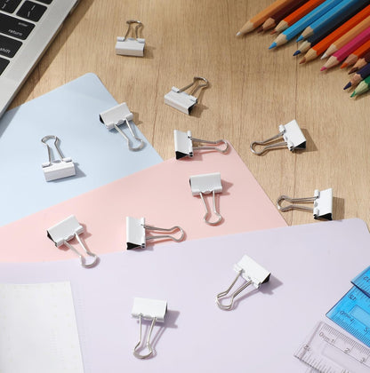 Jetec 100 Pack 0.6in/15mm White Metal Binder Clips Bulk Medium Reusable Fold Back Binder Clips Paper Clamps Spring Steel Sturdy for Home School Office Supplies