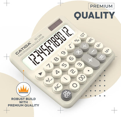 CATIGA Mechanical Switch Calculator with Solar and Battery Dual Power, 12-Digit Large LCD Display, Aesthetic and Cute Desktop Calculator with Big Button, for Home, School and Office Use, SD-1299