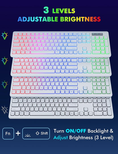 Wireless Keyboard and Mouse - RGB Backlit, Rechargeable & Light Up Letters, Full-Size, Ergonomic Tilt Angle, Sleep Mode, 2.4GHz Quiet Keyboard Mouse for Mac, Windows, Laptop, PC, Trueque(White)