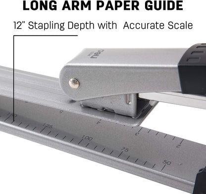 Deli Long Reach Stapler with 1000 Staples, 20 Sheet Capacity, Long Arm Standard Staplers for Booklet or Book Binding, Silver