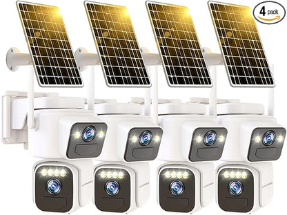 Dual Lens Outside Cameras for Home Security Cameras 4 Pack,2.4G & 5G WiFi,Solar Battery Powered Camera with AI Motion Siren,SD/Free Cloud Storage,No Monthly Fee,Color Night Vidion,Waterproof