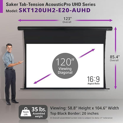 Elite Screens Saker Tab-Tension AcousticPro UHD Series, 120" Diagonal 16:9, 4K/8K Ultra HD Electric Sound Transparent Perforated Weave Drop Down Front Projector Screen, SKT120UH2-E20-AUHD