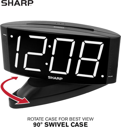 Sharp Home LED Digital Alarm Clock – Swivel Base - Outlet Powered, Simple Operation, Alarm, Snooze, Brightness Dimmer, Big White Digit Display, (Black-White LED)