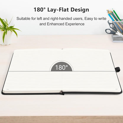RETTACY Lined Journal Notebook, 2-Pack, 192 Numbered Pages per Pack, A5 Medium Size (5.7'' x 8.3''), for Men & Women, Writing, Work, Leather Hardcover, 100 GSM Thick Paper (Black & Black)