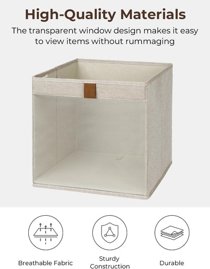 StorageWorks 13x13 Storage Cubes, Closet Storage Bins with Clear Window, Large Fabric Organizer for Clothes, Collapsible Storage Baskets with PU Handles, Brown and Beige, 3-Pack