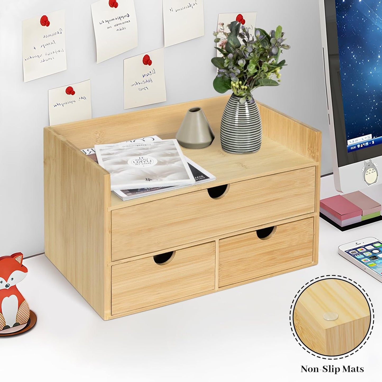 Bamboo Desk Organizer, Desktop Organizer with 3 Drawer, Tabletop Storage Organization Box for Bills, Countertop, Home Office Supplies