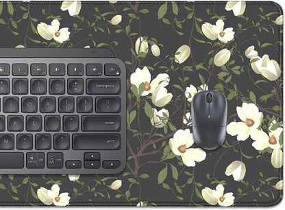 Magnolia Flowers Desk Pad Mouse Pad,Large Floral Mouse Mat with Stitched Edges,Non-Slip Rubber Base Black Mousepad for Office PC Keyboard Laptop and Home Work Desk Mat(27.5X11.8 in)