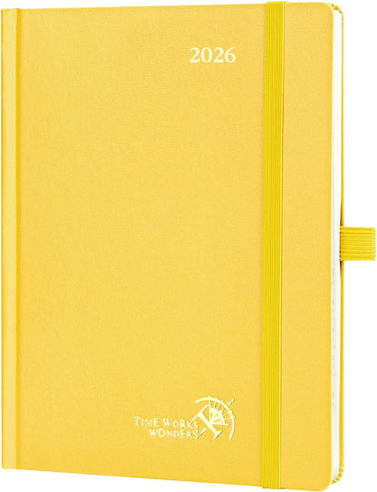 POPRUN 2026 Planner (Medium Size 8.5''x 6.5'' Hardcover) - Daily Weekly and Monthly Calendar Agenda 2026 Appointment Book with Hourly Time Slots, Monthly Tabs, 100 GSM - Light Yellow
