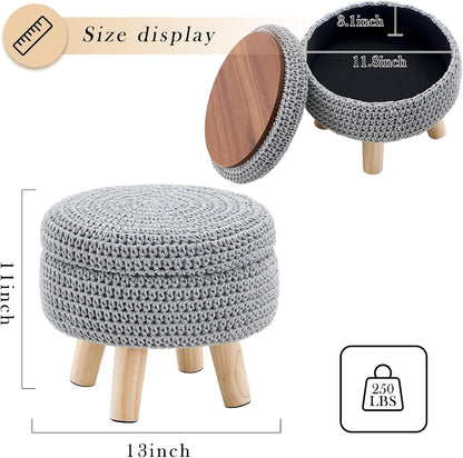 Round Storage Ottoman Foot Rest Cotton Braided Foot Stool Pouf Ottoman with Solid Wood Legs Footstool with Storage Shoe Changing Stool for Living Room Gray