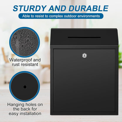 Metal Donation Cash Box Collection Safe Suggestion Box with Lock Wall Mounted Mailbox Delivery Ballot Container for Home Office Outdoor Door(Black,15 x 12 x 4 Inch)