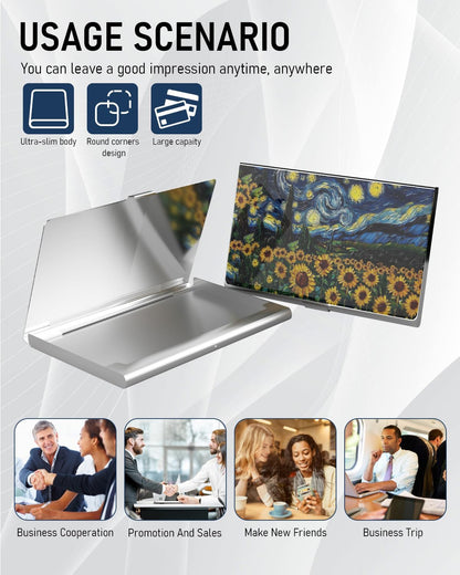 Business Card Metal Slim Organizer, Professional Stainless Steel Square Pocket Wallet for Office Workers, Compact and Portable for Pockets (Starry Sunflowers A)