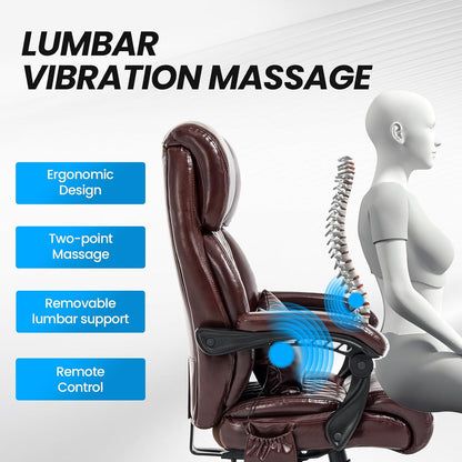 Lumbar Massage Office Chair, 500LBS Big and Tall Office Chair, Heavy Duty Ergonomic Executive Reclining Chair with High Back and Lumbar Support, Brown