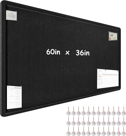 Large Bulletin Board - 60 x 36 Inches, Foldable Decorative Felt Board for Wall Photo Display Board with Self-Adhesive Tape, Includes 36 Push Pins - Black