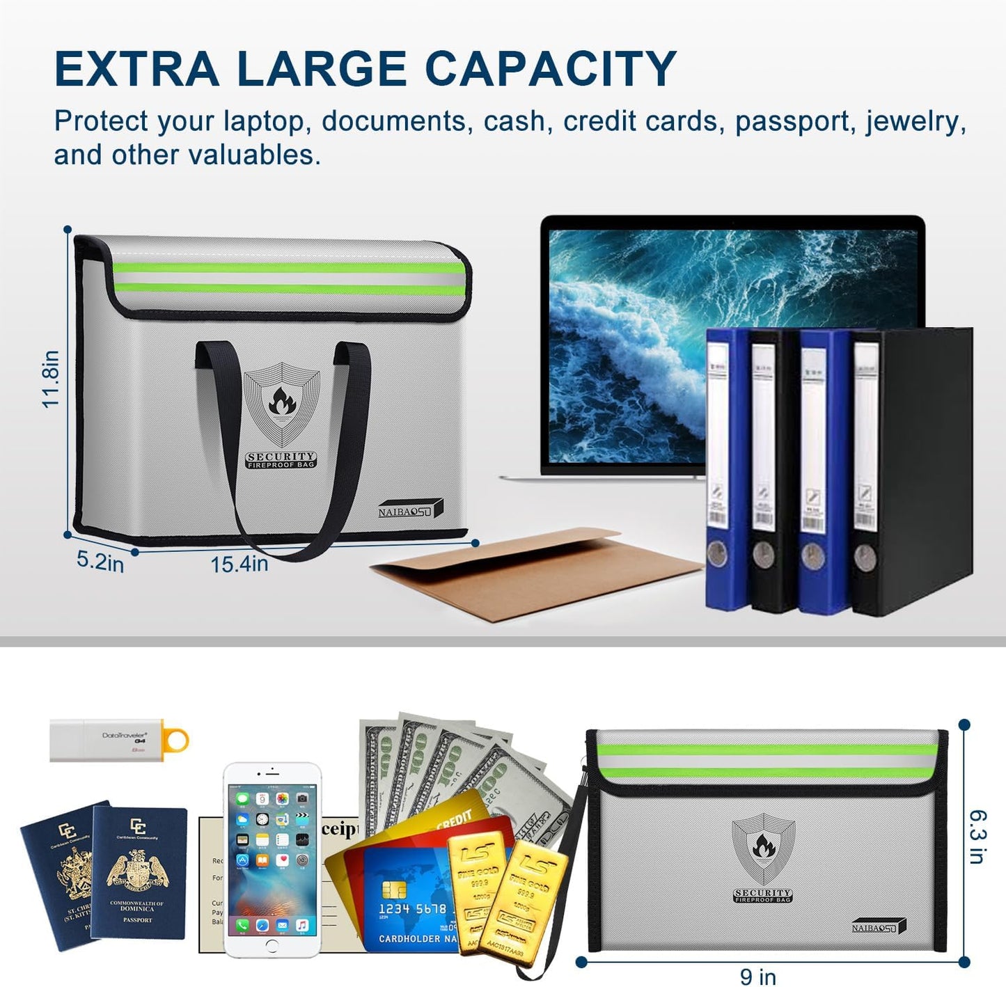 fireproof document pouch (16" x 12" x 5") silicone coated, combination lock office out bag, fireproof money pouch (8.75" x 6.0") for cash, coins, credit cards, passport and other valuables