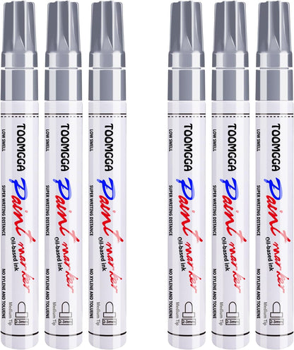 Silver Paint Pens Paint Markers - 6 Pack Permanent Markers Oil Based for Metal Wood, Pens for Metal, Car Tyre,Wood, Plastic, Rock Painting, Glass, Craft Supplies,Waterproof