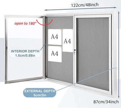 Outdoor Bulletin Board Weatherproof 48x36 in,Enclosed Bulletin Board with Locking Door, Wall Display Case for Office School Home Commercial, Silver Aluminum Frame, Gery Felt