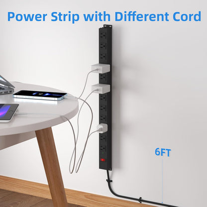 12 Outlet Long Power Strip with 15A Circuit Breaker,Black Wall Mount Heavy Duty Power Strip with 6FT/14AWG/15A/125V Extension Cord for Industrial,Garge,Office,Home and School,Black(6FT)