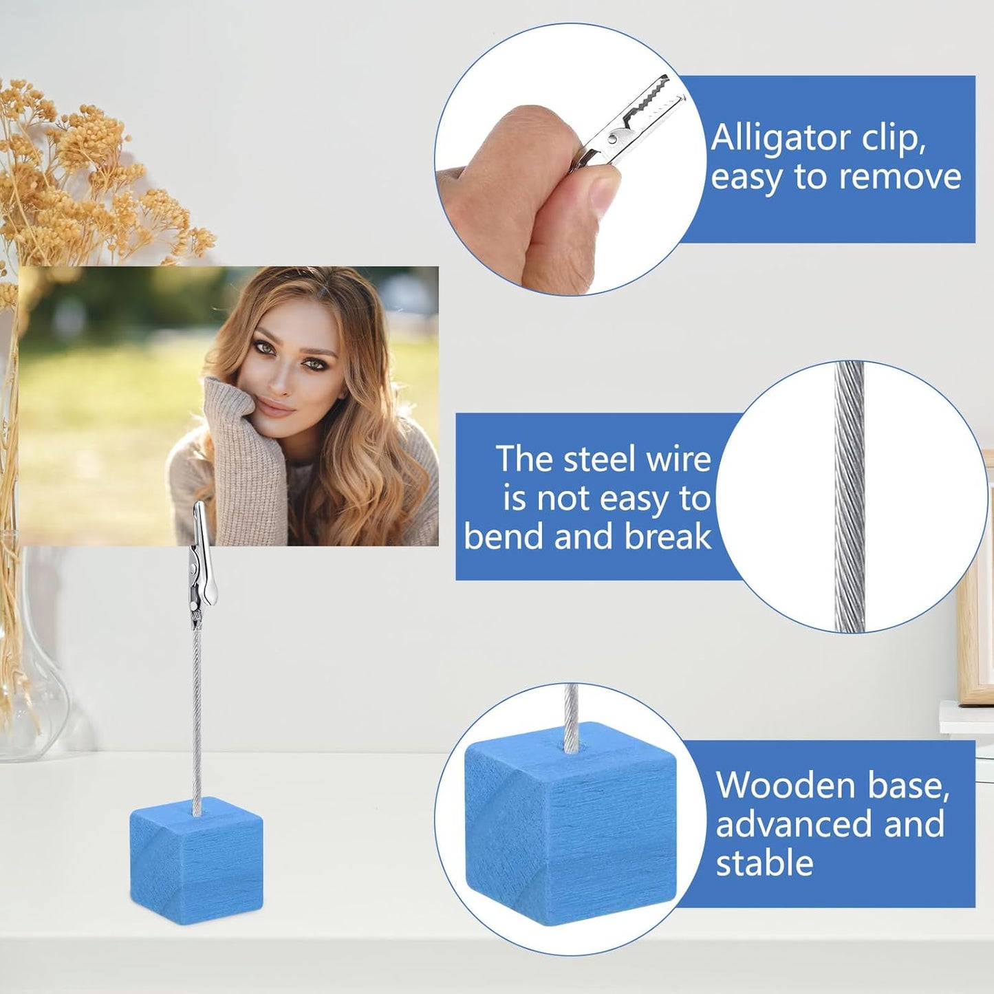 24 Pcs Cube Base Memo Clip Holder with Alligator Clip Table Numbers Place Card Holders Memo Photo Picture Paper Note Clip for Wedding Party or Meeting Displaying (Blue)