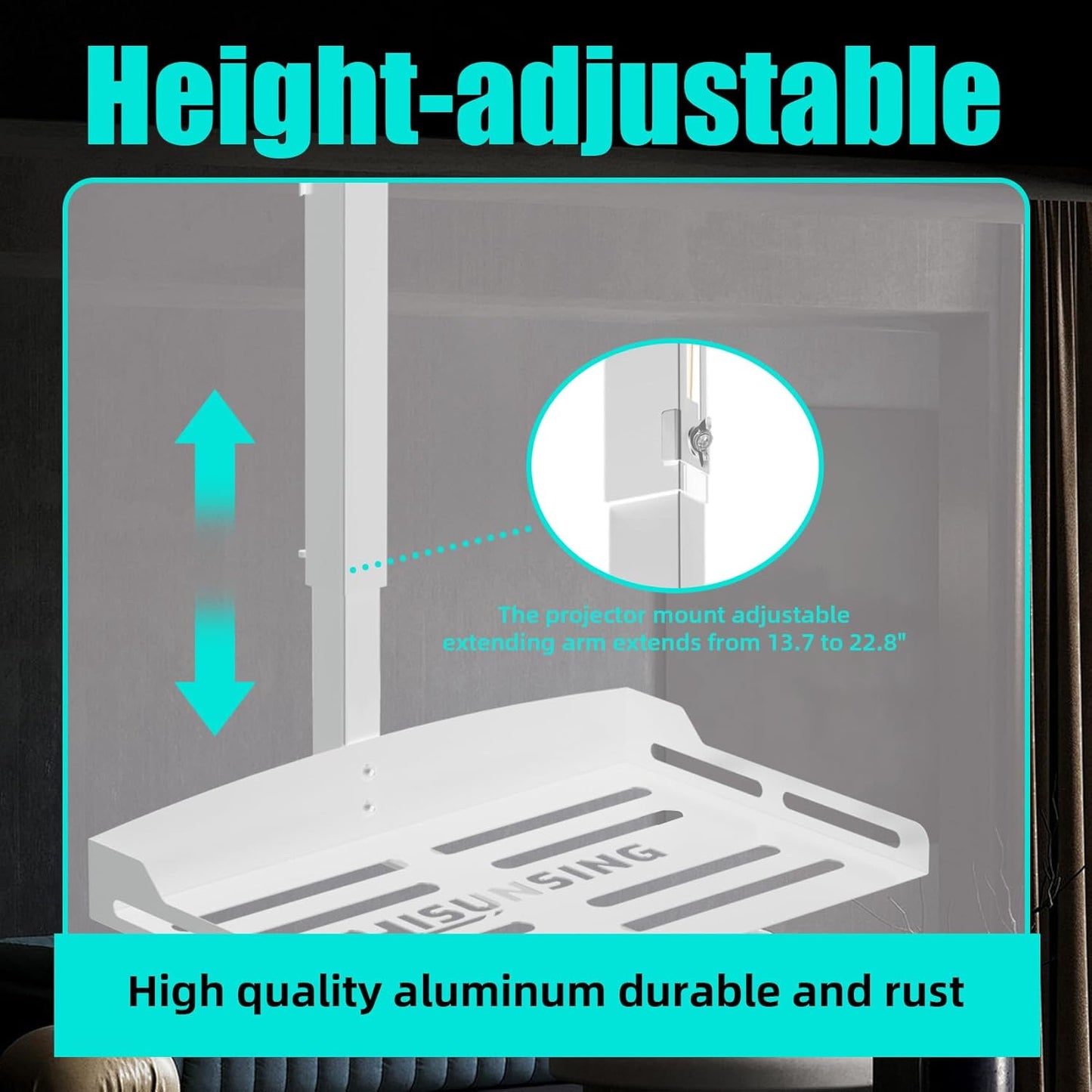 Universal Projector Ceiling Mount with Tray, Projector Wall Mount Hidden Cable Routing, Height Adjustable up to 22.8 inches, Holds up to 11 lbs, Ideal for Home Theater and Office - White