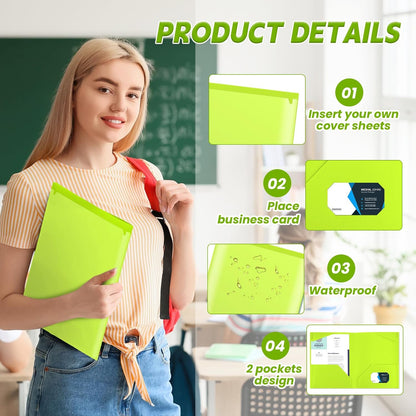 Henoyso 60 Pcs Plastic Folders with Clear Front Pockets Heavy Duty File Folders with 2 Pockets and Card Slot for Student Communication School Office Presentation Report (Fluorescent Green)