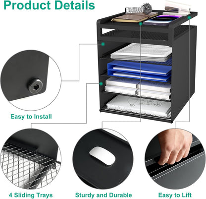 Aothia Desk Organizer with 4 Sliding Trays – Metal File Organizer for Desktop, Hanging Under Desk Organizer and Paper Tray Shelf, Space-Saving Office Document Sorter, Black