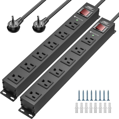 CRST 2Pack 6 Outlet Heavy Duty Power Strip with Switch, 15A/1875W Metal Mountable Power Strip Surge Protector 2100Joules, Wide Spaced Power Bar for Garage Worshop Home School, 6 FT Cord(Black)