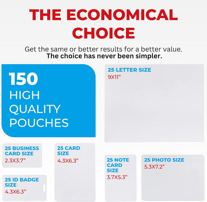 5MIL Thermal Laminating Sheets (150 Count) Letter, Photo, Card, Notecard, ID Badge and Business Card Sizes, Laminating Pouches Compatible with Laminators, Crystal Clear Laminated Finish