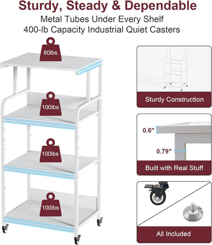 4 Tier White Printer Stand with Storage Shelf, Large Tall Printer Table for Home Office, Rolling Printer Cart with Industrial Wheels for Paper Shredder Scanner Fax Heat Press Small Space (White)